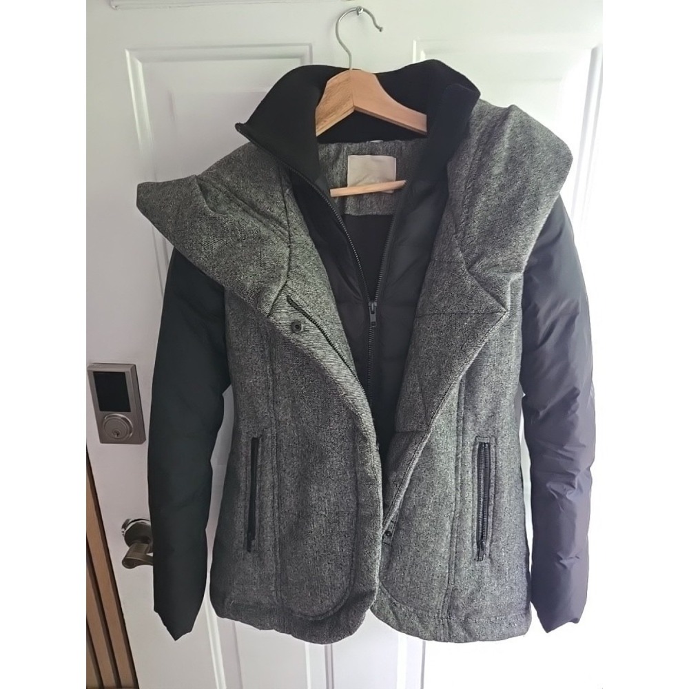 Soia & Kyo Down Parka Tweed Women's Size Small Petite Grey Black Oversize Hoodie